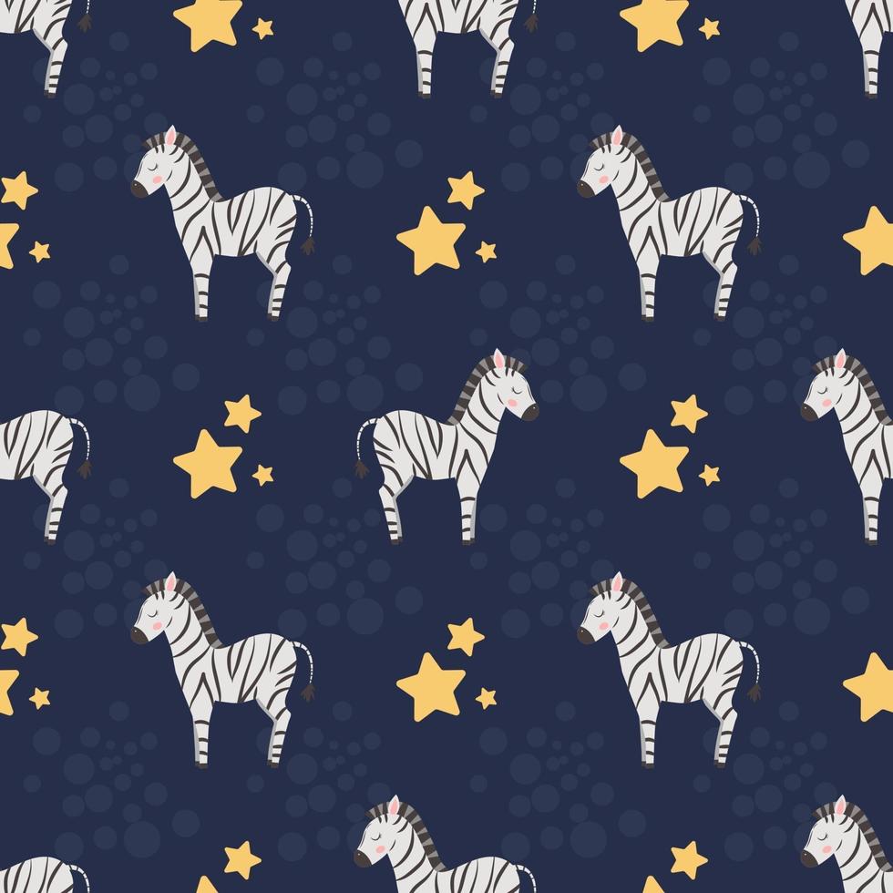 Seamless pattern with cute zebras and stars, on a dark background. For children's design, textiles, wrapping paper and packaging. vector