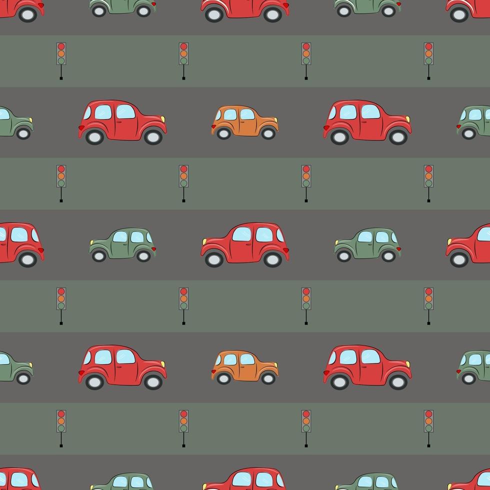 Seamless pattern with cute cars and traffic lights. For baby textiles, wrapping paper and packaging. vector