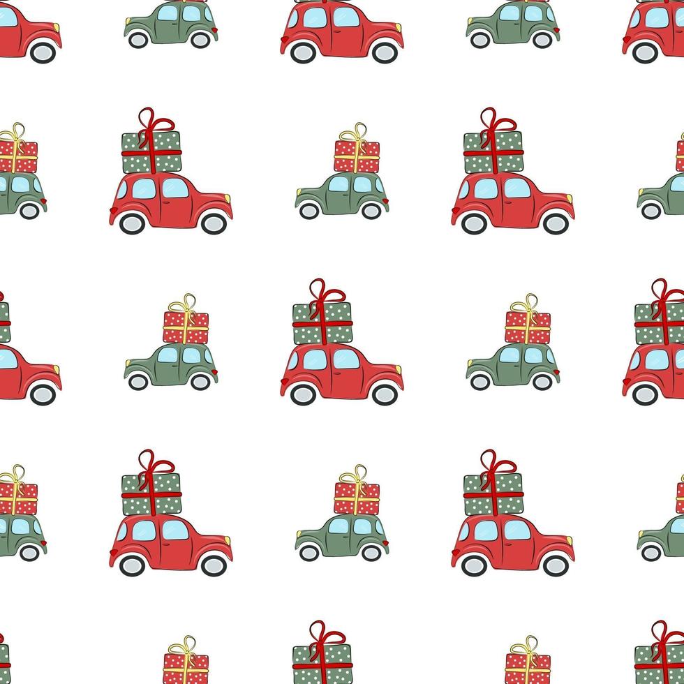 patrones sin fisuras de navidad con coches y regalos. la ilustración es excelente para envolver papel y empaquetar. vector