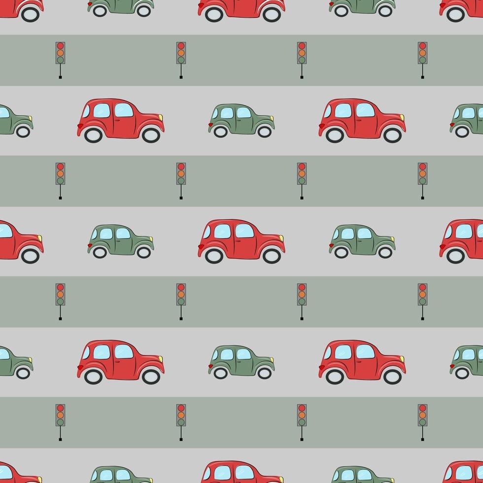 Seamless pattern with cute cars and traffic lights. For baby textiles, wrapping paper and packaging. vector