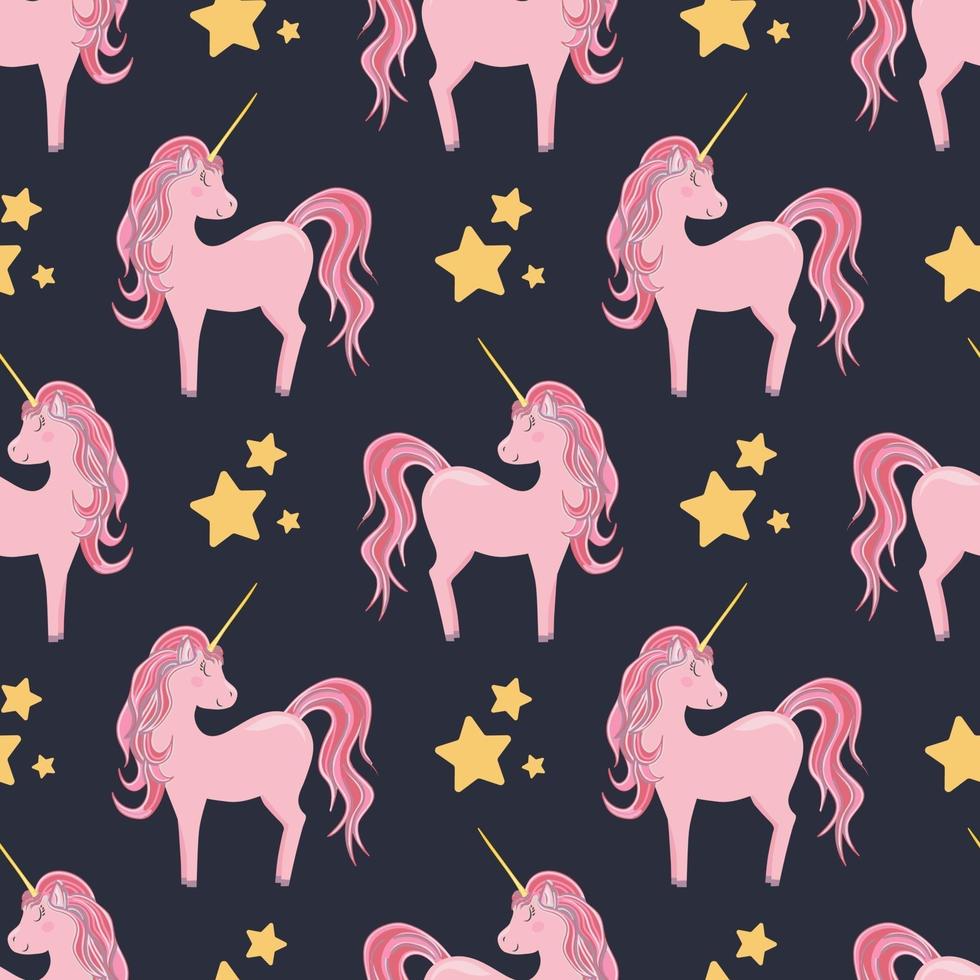Seamless pattern with cute pink unicorns and stars, on a dark background. For baby textiles, wrapping paper. vector