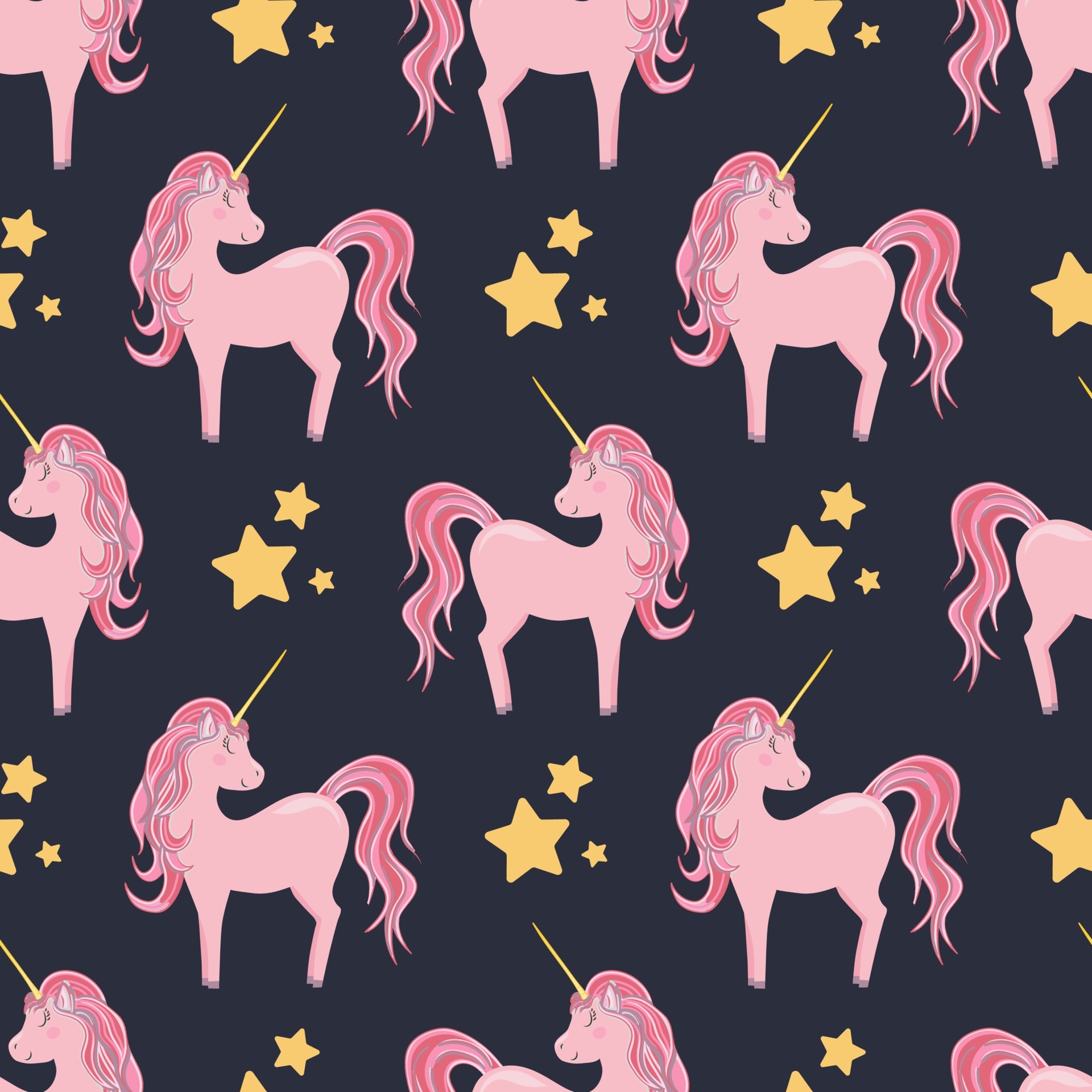 Seamless pattern with cute pink unicorns and stars, on a dark ...