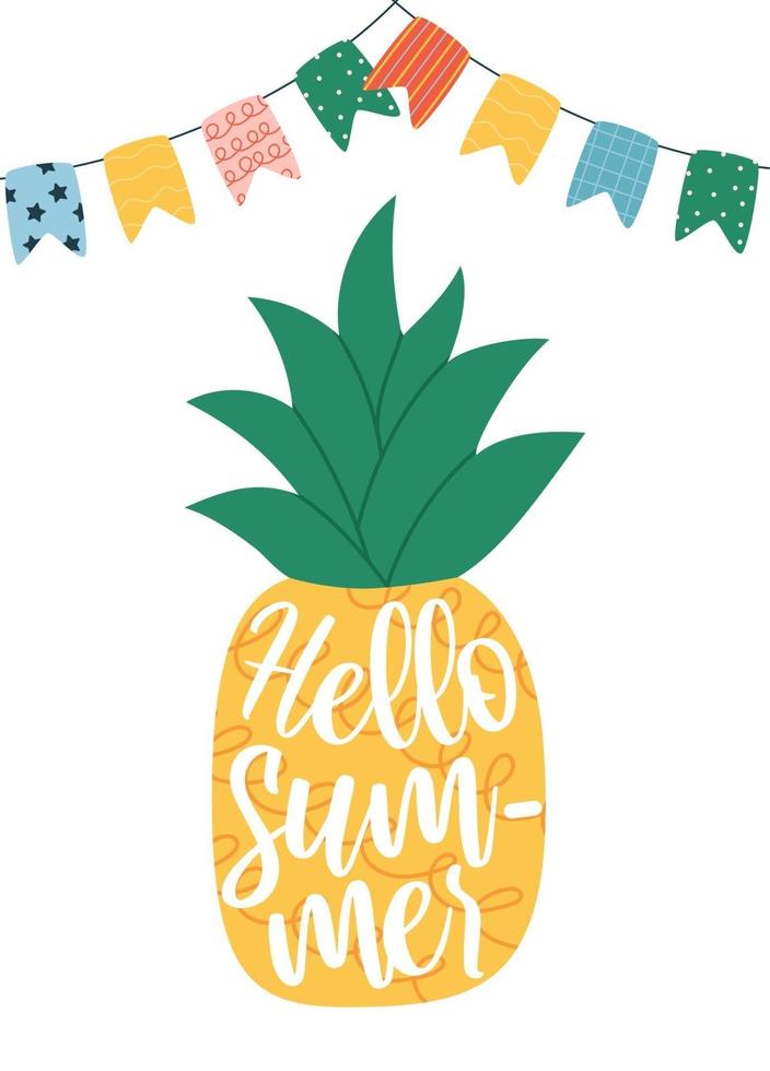 Cute summer poster or greeting card with pineapple and colourful flags. Hand drawn vector illustration.