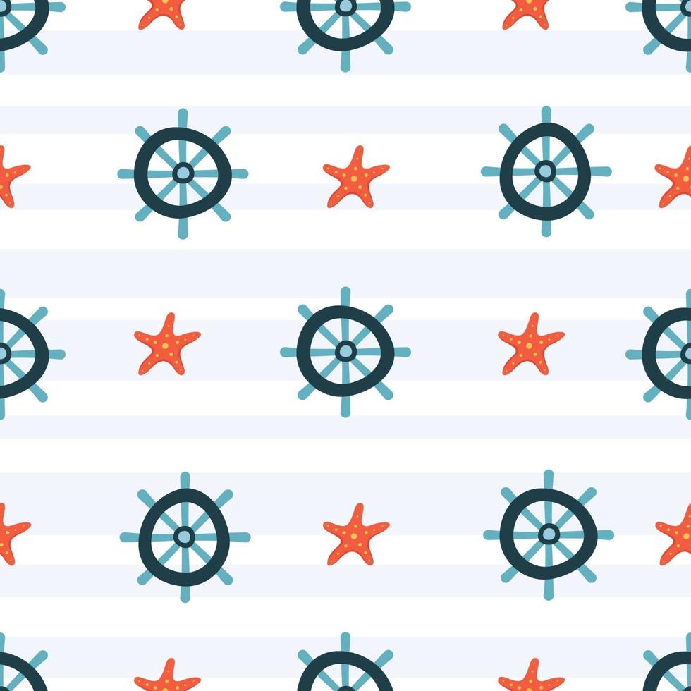 Seamless vector sea pattern. Helm or ship's wheel and starfish. Summer concept. Hand drawn elements.