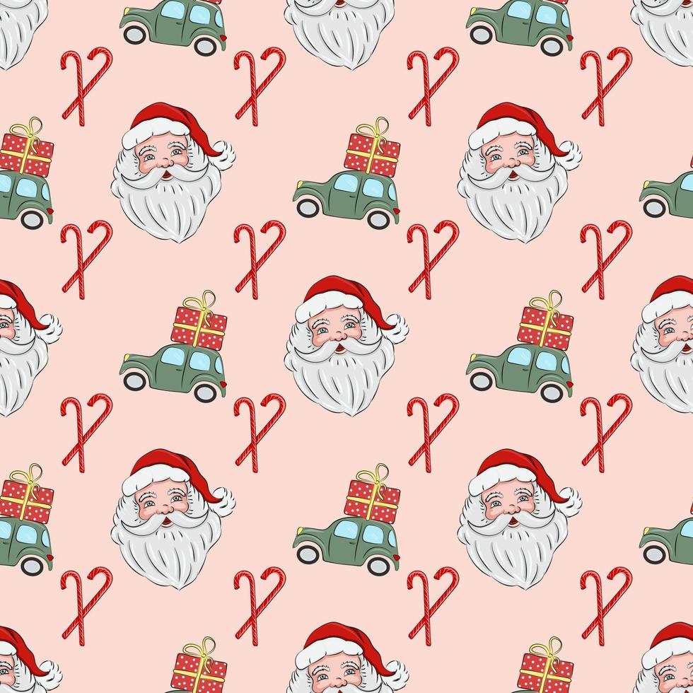 Christmas seamless pattern, with Santa Claus and green car with a gift on the roof. Christmas and New Year concept. The illustration is great for wrapping paper and packaging. vector