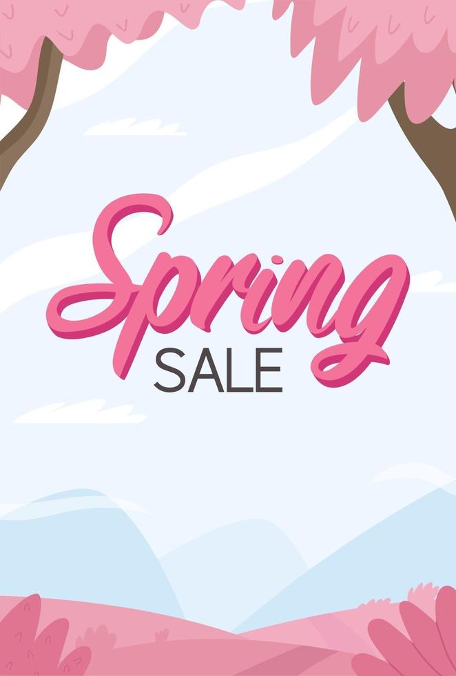 Spring sale banner or social media post. Spring landscape with mountains and blooming cherry. vector