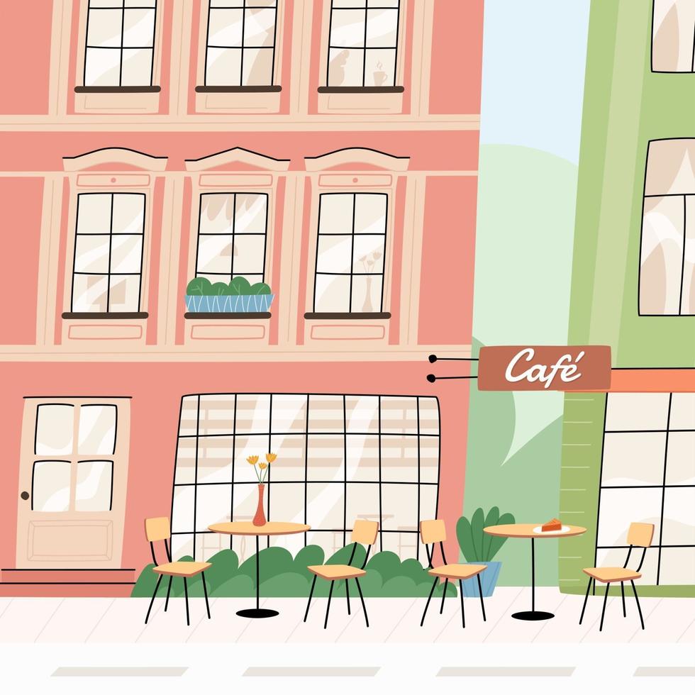 Cute hand-drawn cafe in European city. Building facade. Vector illustration.