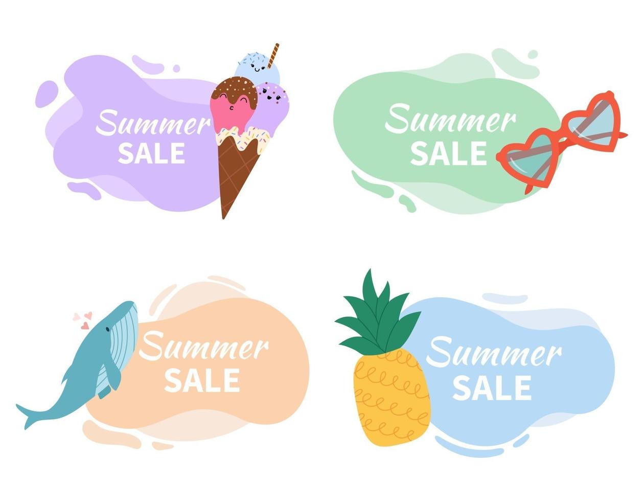 Set of abstract elements with ice cream, sunglasses, whale and pineapple. Summer sale banner, flyer or poster template. Vector illustration.