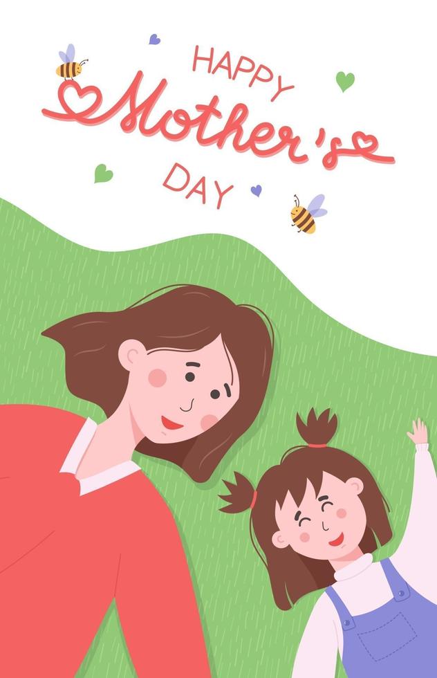 tarjeta de felicitación del día de la madre con lindas letras. mujer con hija tirada en la hierba. concepto de maternidad. vector