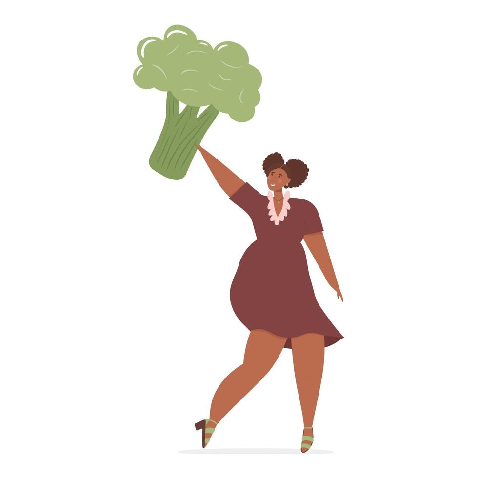 Happy black woman holding giant broccoli over her head. Healthy diet and healthy lifestyle concept. vector