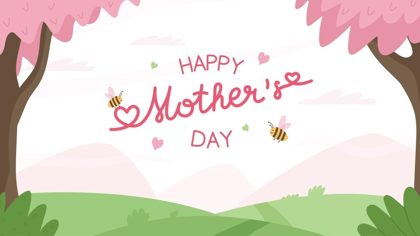Cute spring landscape with cherry blossom and mountains. Mother's Day greeting card or banner template. 'Happy Mother's Day' lettering with bee. vector