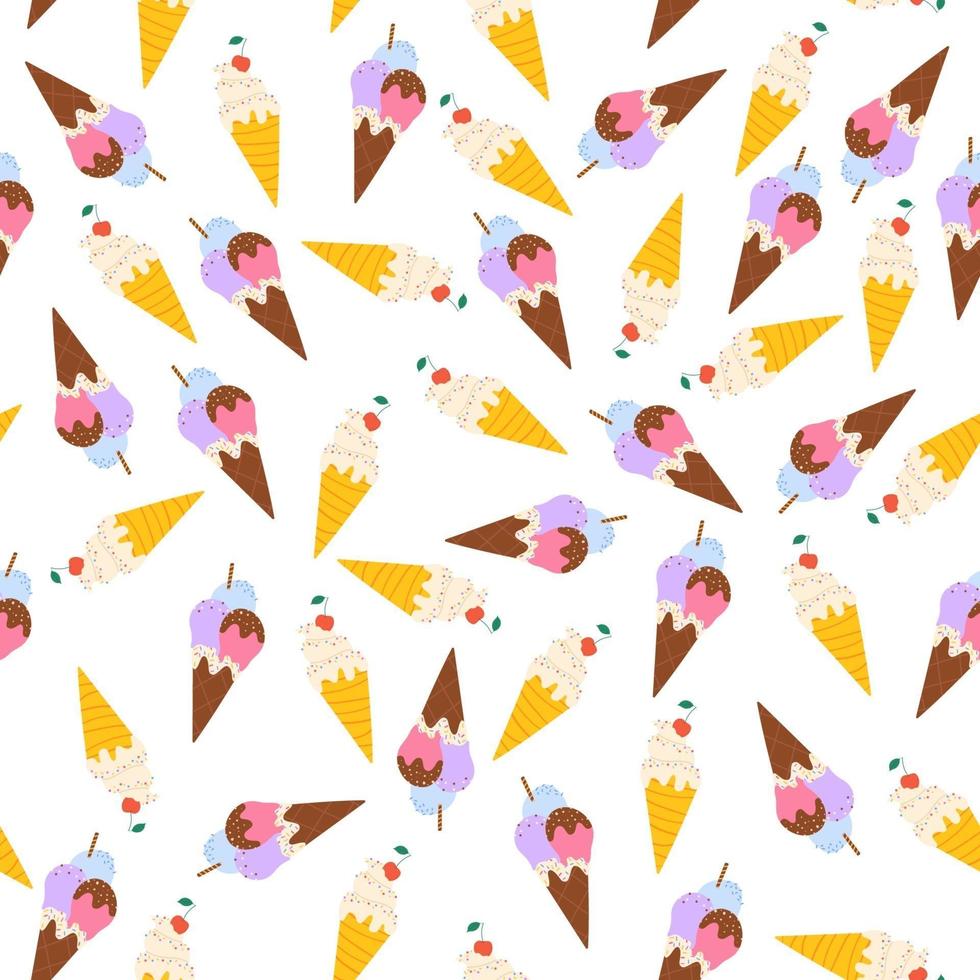 Cute summer seamless pattern with ice cream in waffle cone. Vector illustration.