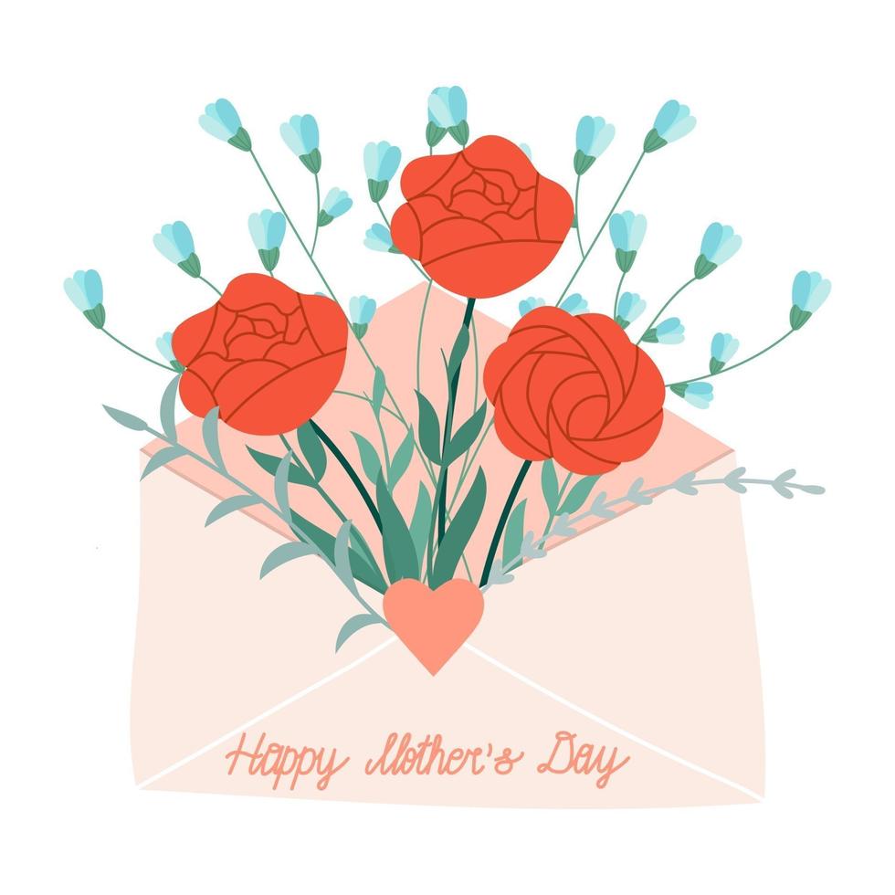 Colourful bouquet of spring flowers in cute envelope. Mother's Day greeting card, postcard or sticker. Red roses and blue flowers. Happy Mother's Day lettering. vector