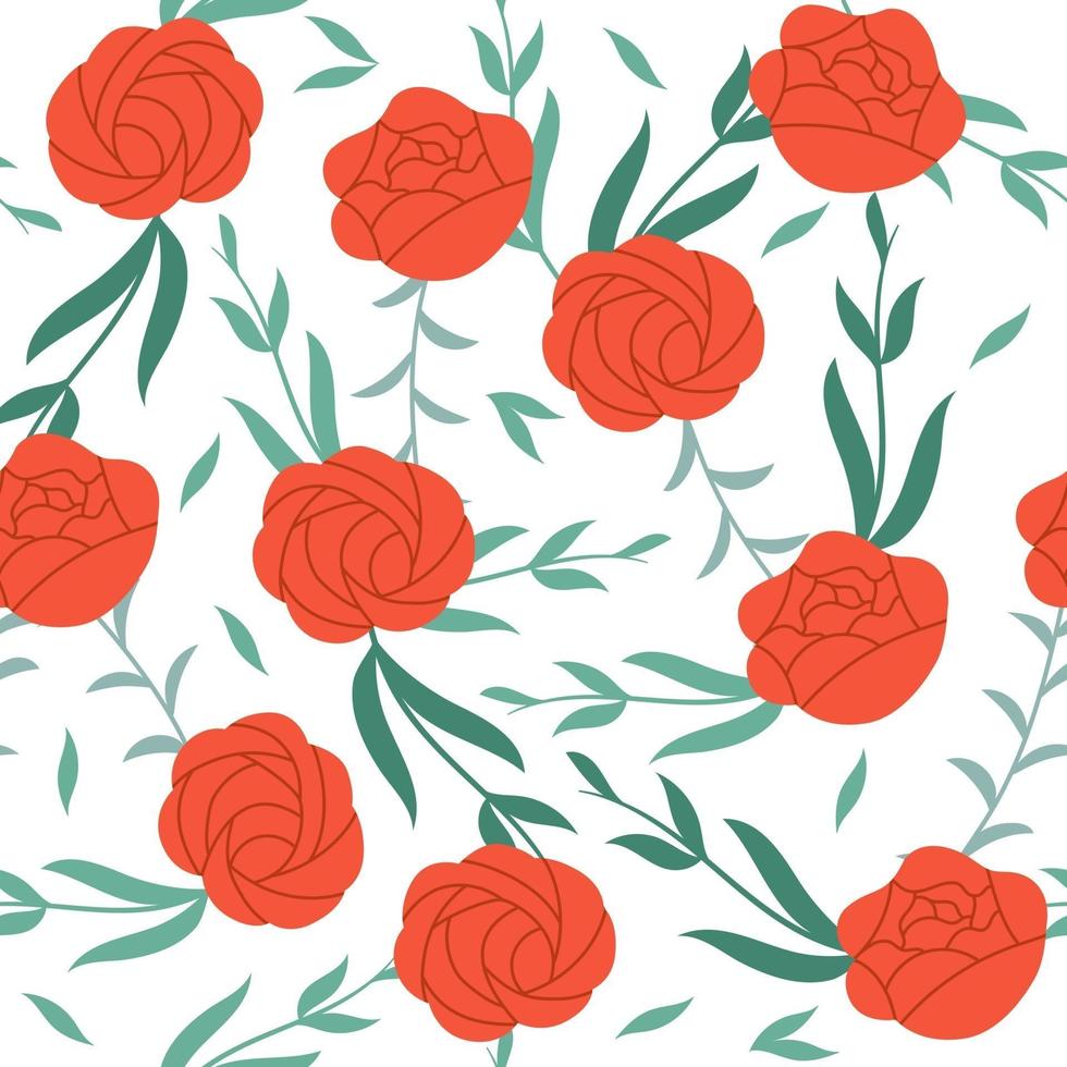 Floral seamless pattern. Red roses and green plants on white background. vector