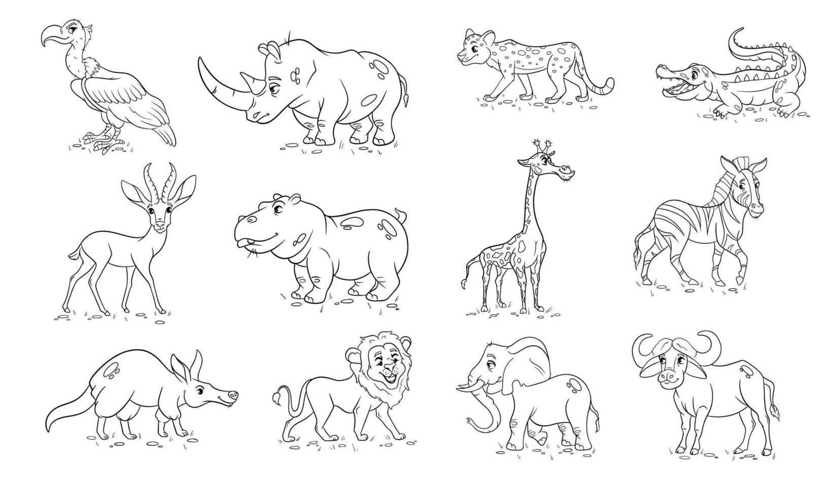 Large set of African animals. Funny animal characters in line style. vector