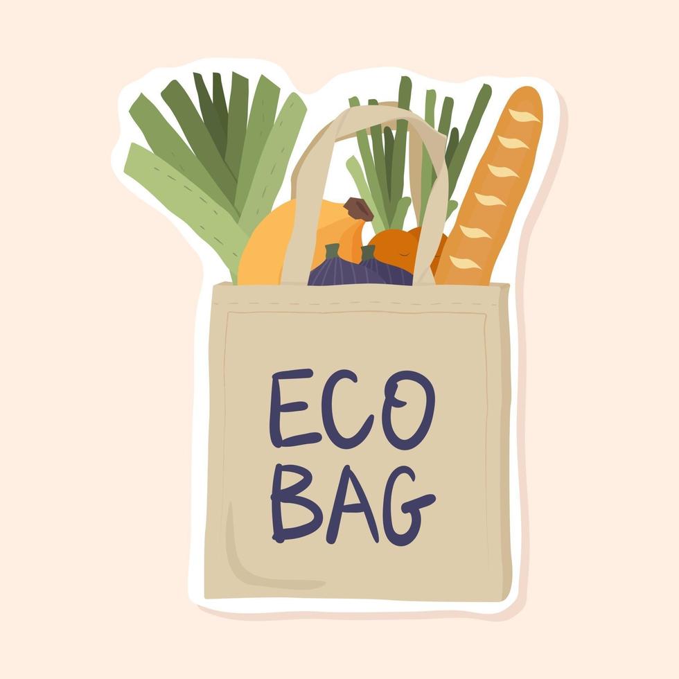 Eco grocery bag with bread, carrot, figs, banana and leek inside vector