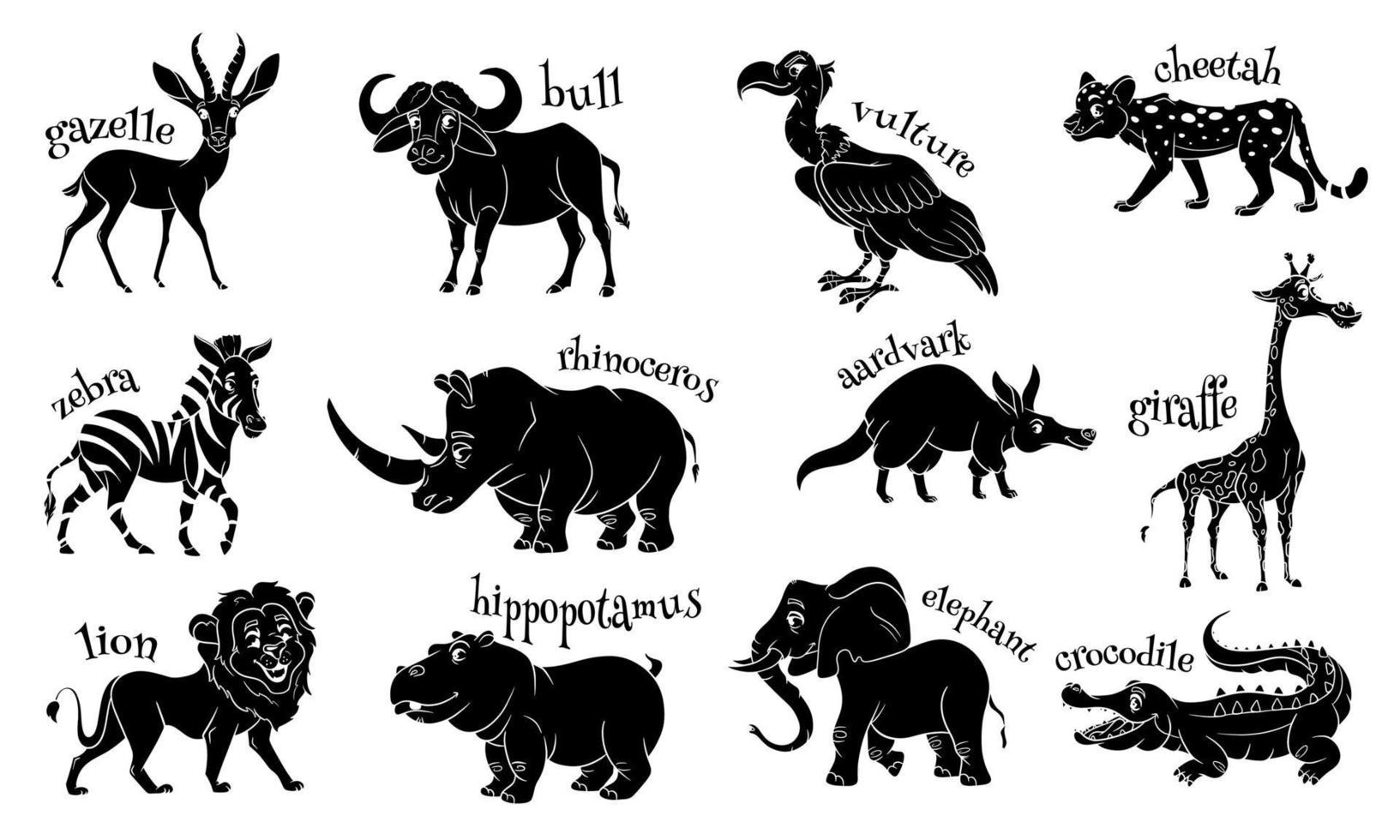 Large set of African animals. Funny characters animals silhouette. vector