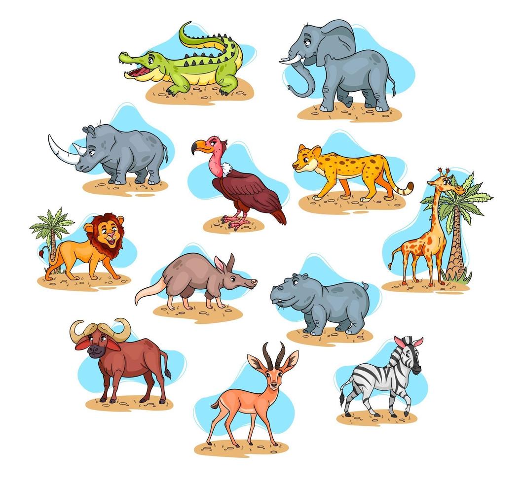 Large set of African animals. Funny animal characters in cartoon style. vector