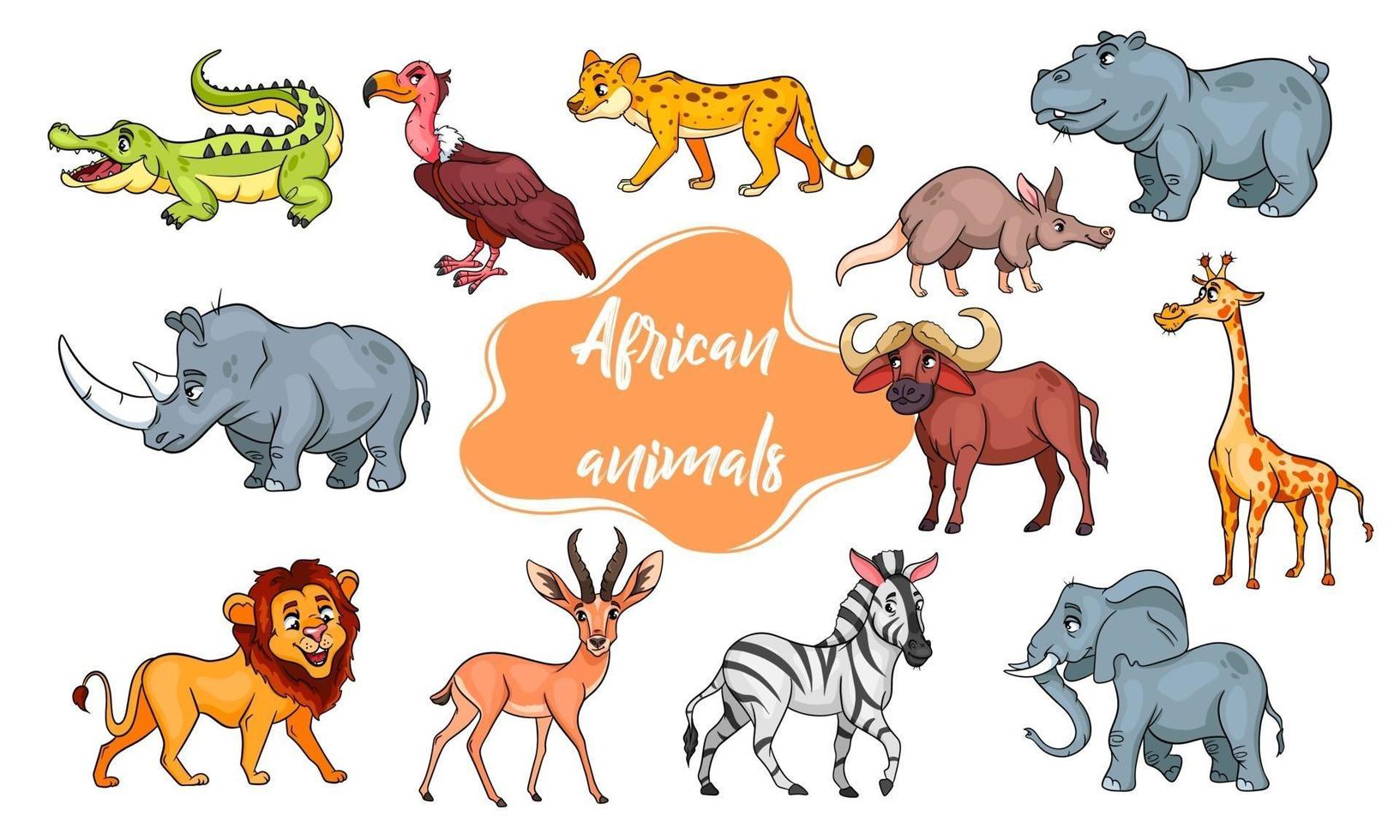 Large set of African animals. Funny animal characters in cartoon style. vector