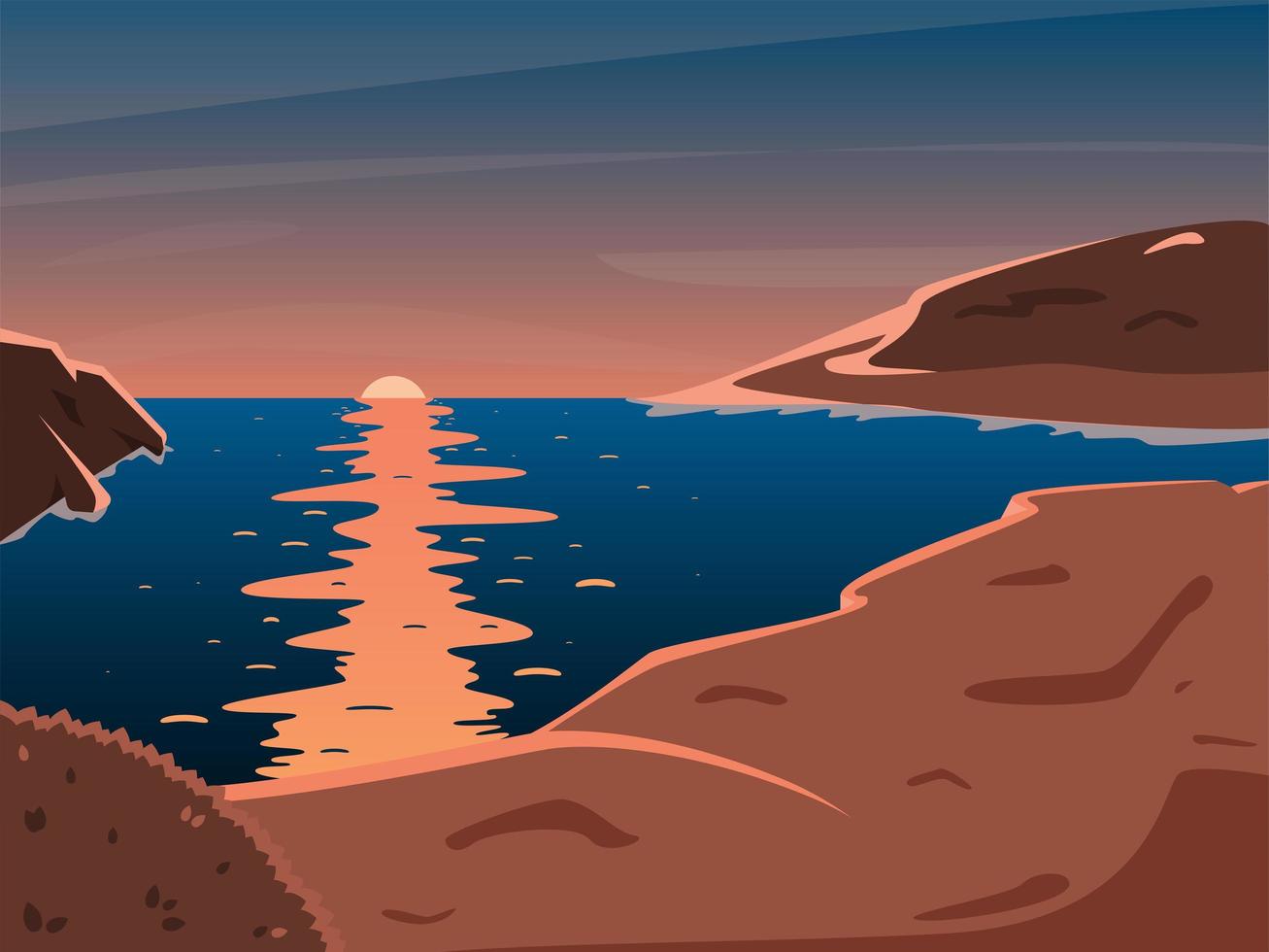 Sunset on the mountain coast. Landscape with orange and blue tones vector