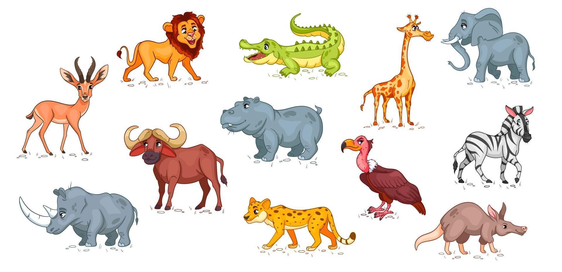 gran conjunto de animales africanos. personajes de animales divertidos en estilo de dibujos animados. vector