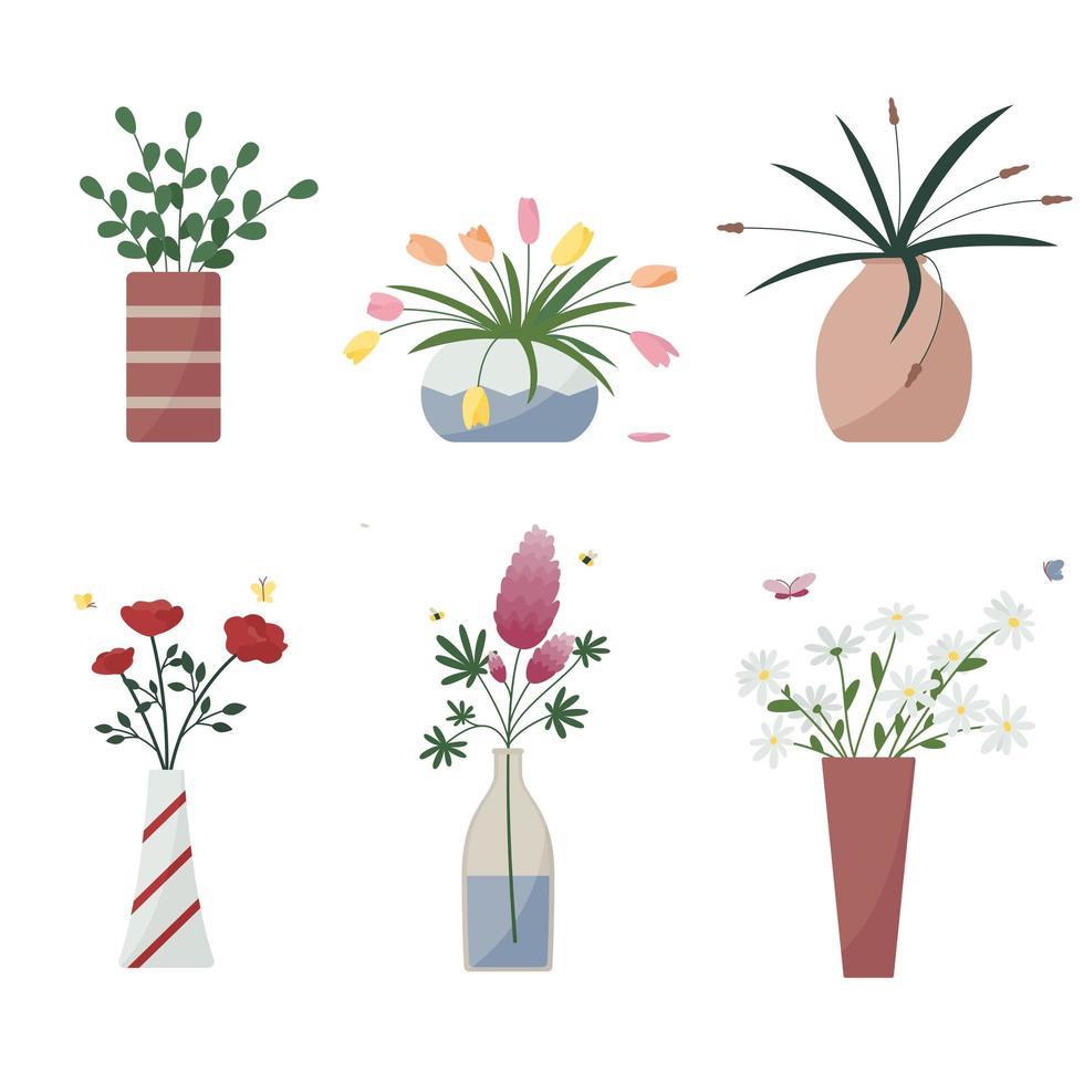 Cute set of flowers in vases vector