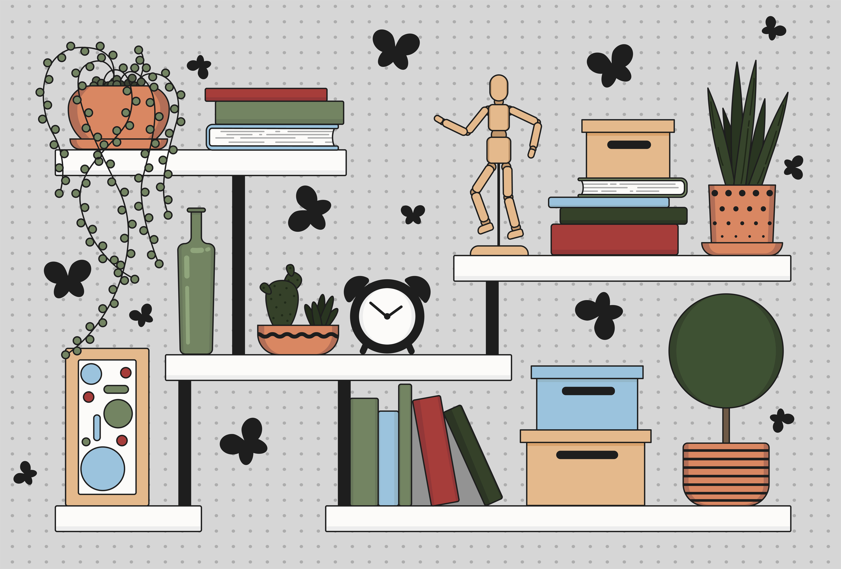 Bookshelves with plants, books and other interior items 5236964 Vector ...