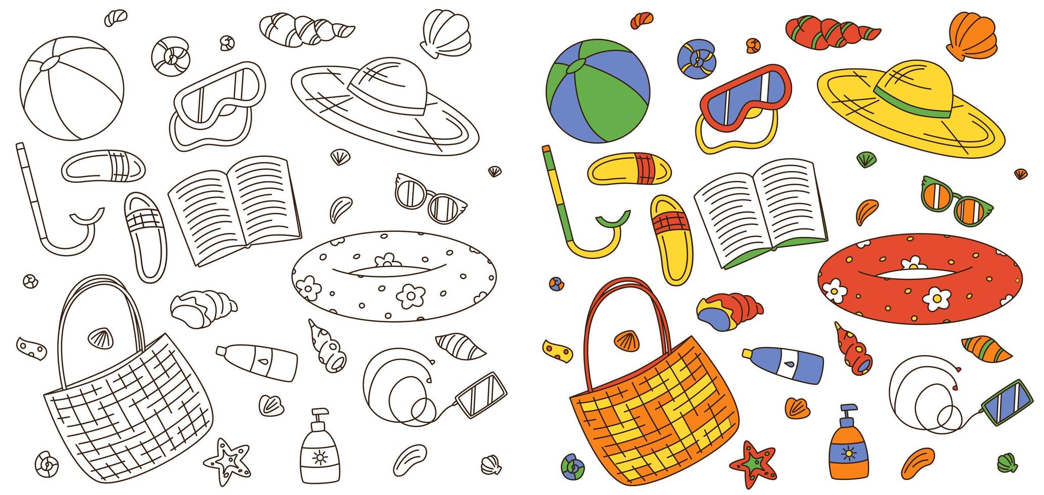set of summer items on white background with stroke and color vector