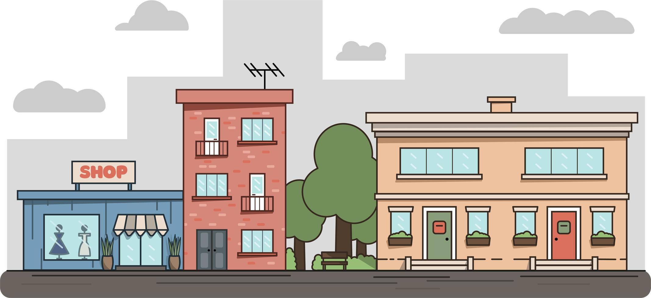 Flat Isometric Line City Street Landscape View Concept with Buildings, Roads, Trees. vector