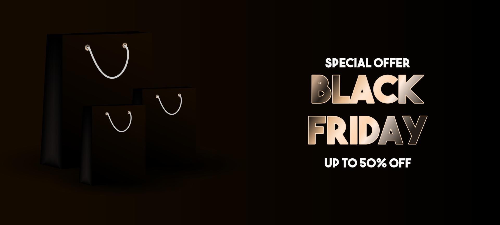 Black friday sale banner background with black paper bag. vector