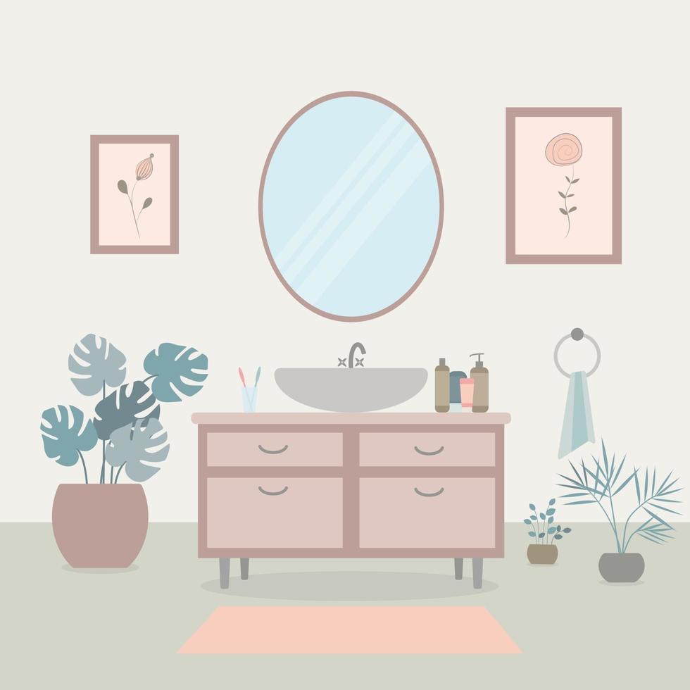 Cozy bathroom interior with sink and mirror, cosmetics and plants. vector