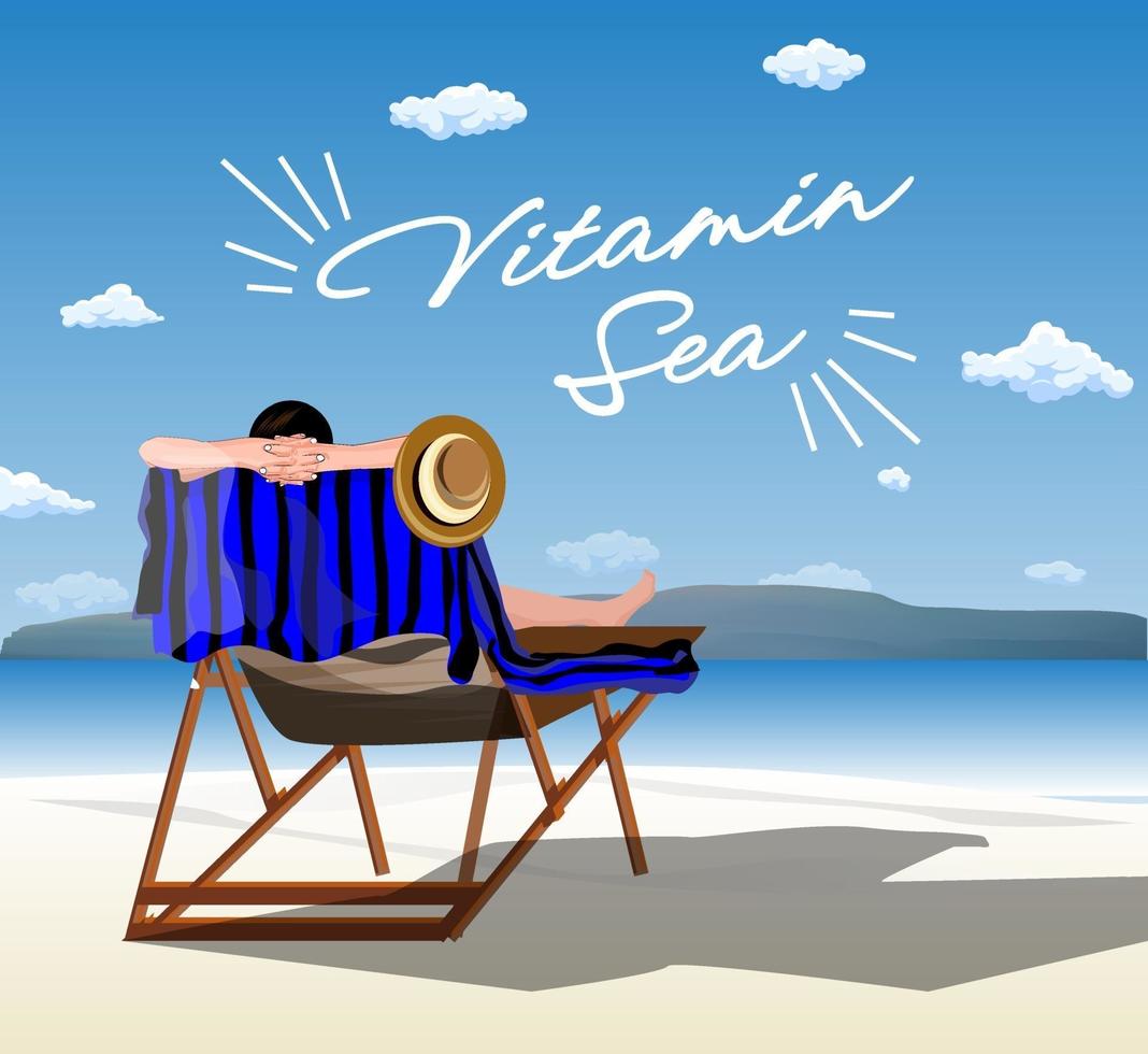 imagen vectorial de ilustración junto a la playa con gente sentada relajada en sillas de playa vector