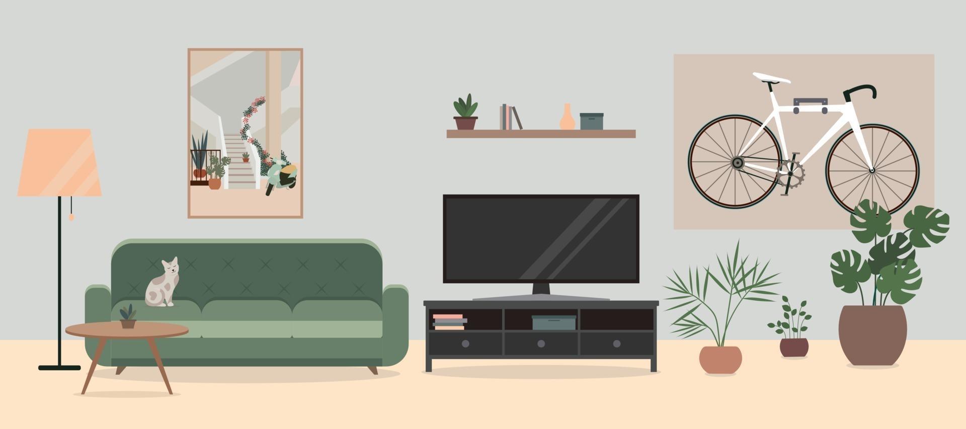 acogedor salón interior con tv, sofá, flores en macetas y una bicicleta. bicicleta colgada en la pared de la sala de estar. vector