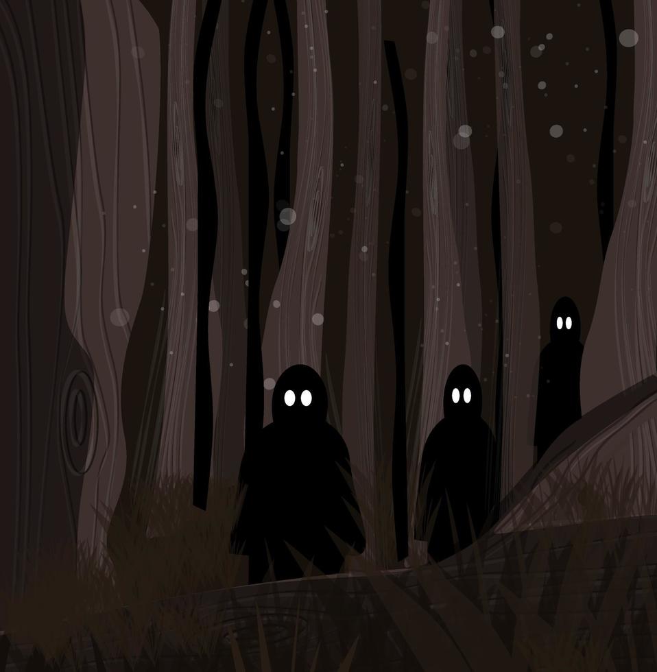 Vector image of cartoon illustration of creepy night atmosphere in the forest