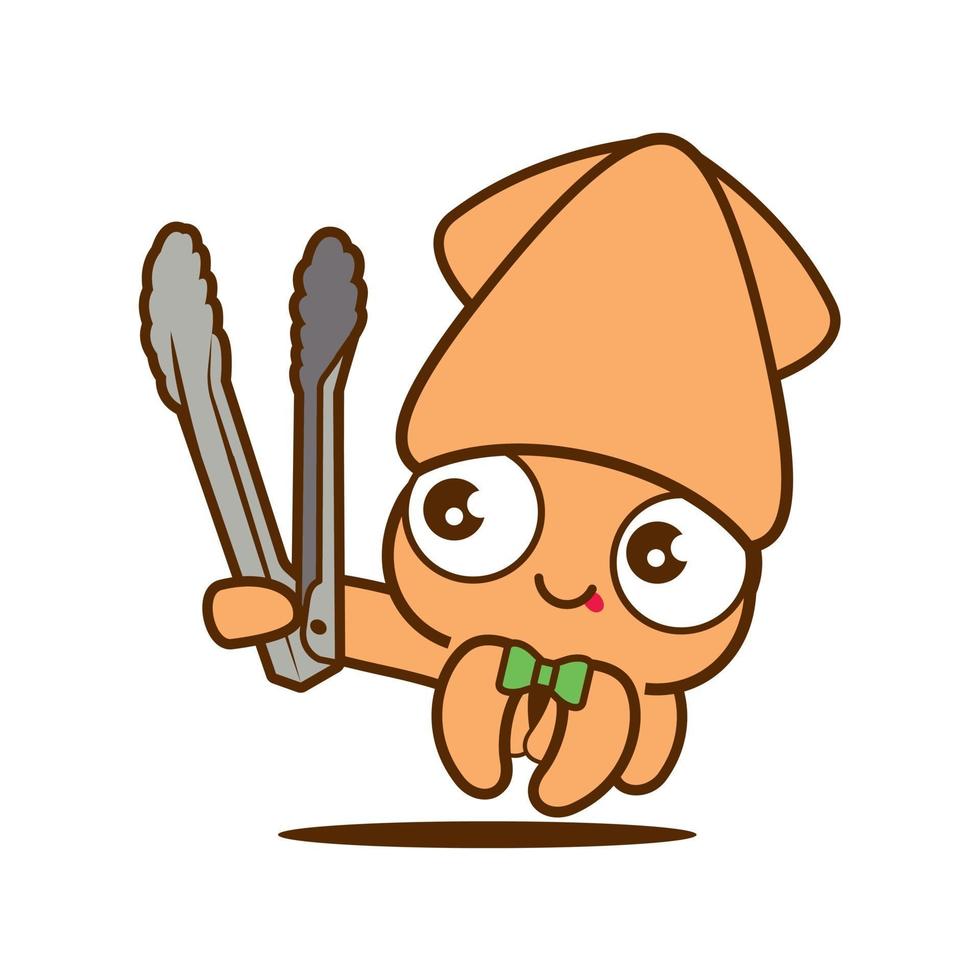 Cartoon cute squid with bowtie holding a grill tongs, vector mascot character. Korean BBQ grill squid character mascot