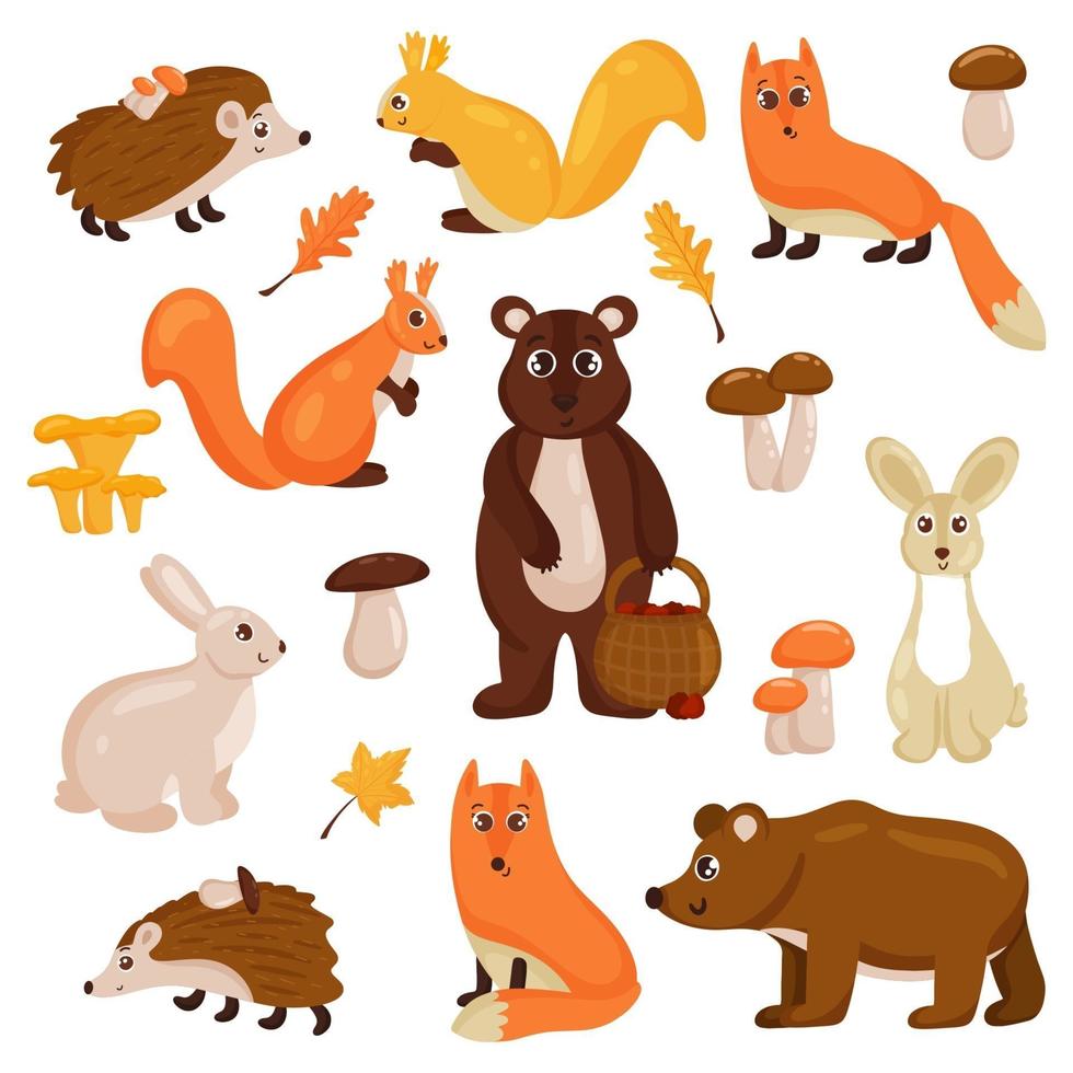 Forest animals, bear, fox, hare, squirrel, hedgehog, mushrooms and autumn leaves. Vector cartoon style. Isolated on a white background.