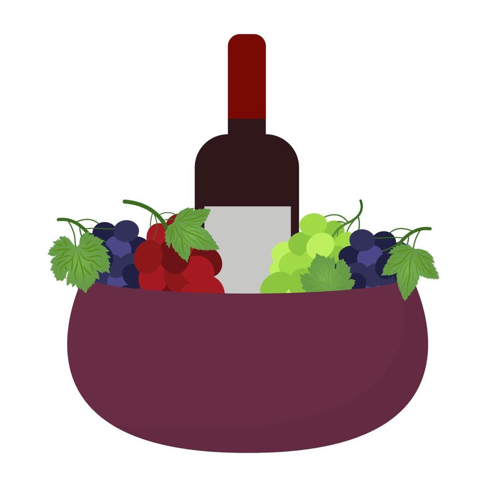 vino, botella de vino en combinación con copa y uvas. estilo de dibujos animados plano de vector