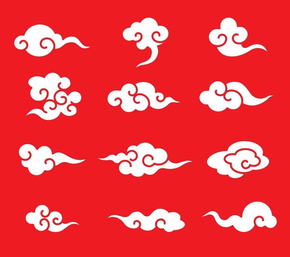 colección de elementos de nubes del este chino sobre fondo rojo. vector