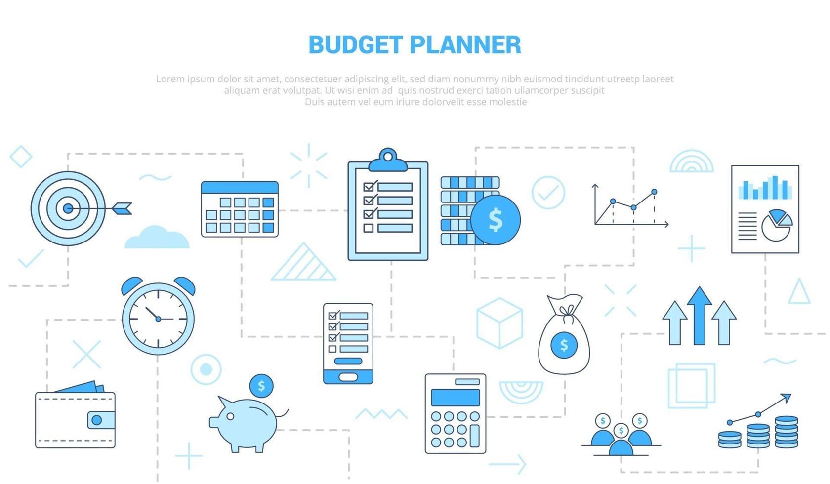 concepto de planificador de presupuesto con banner de plantilla de conjunto de iconos con estilo de color azul moderno vector