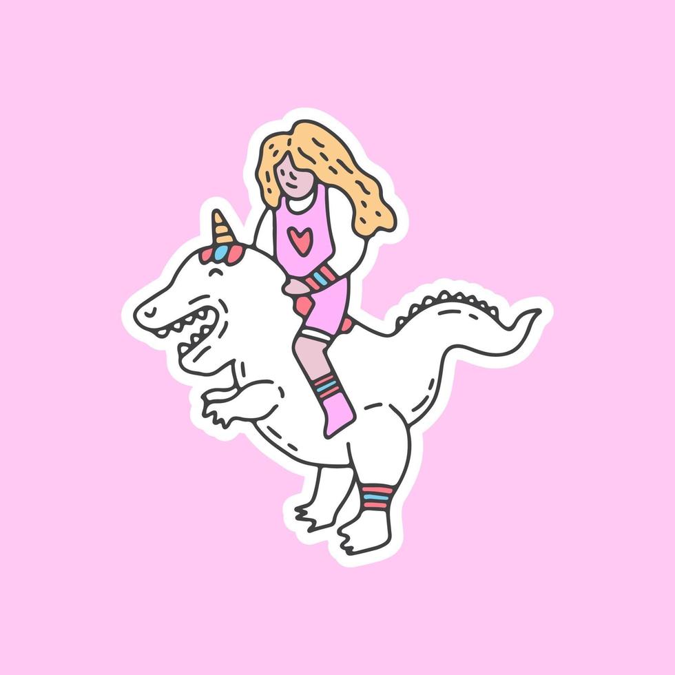 Cool princess ride a unicorn dinosaur illustration. Vector graphics for t-shirt prints and other uses.