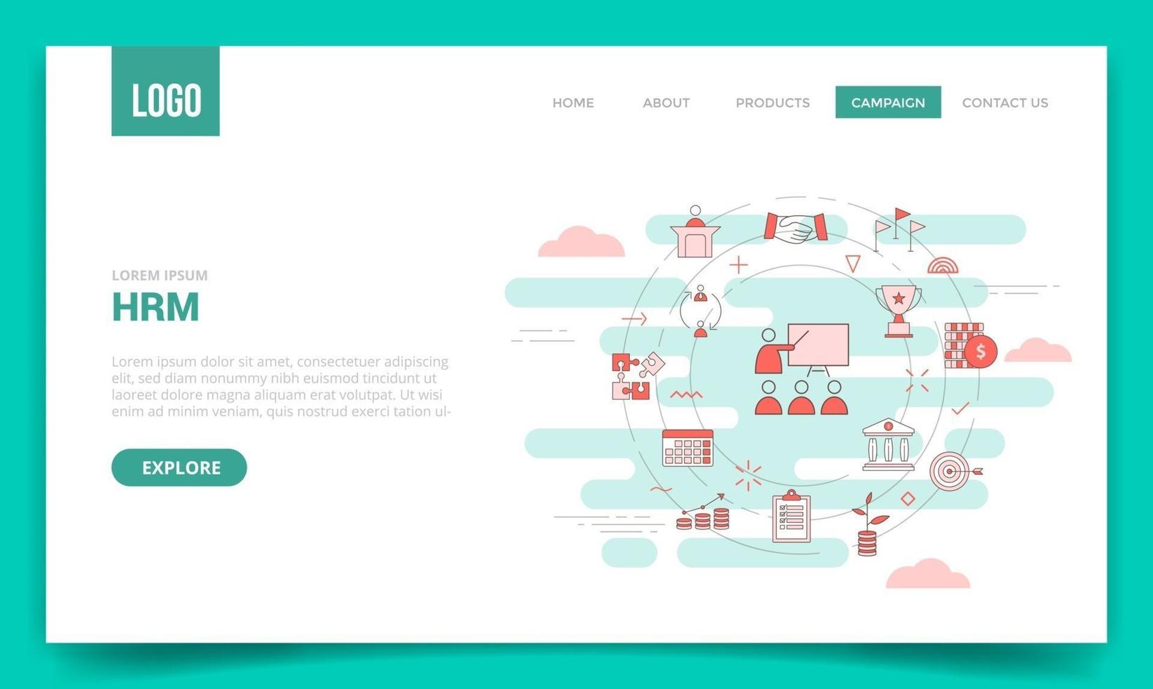 hrm human resource management concept with circle icon for website template or landing page banner homepage outline style vector