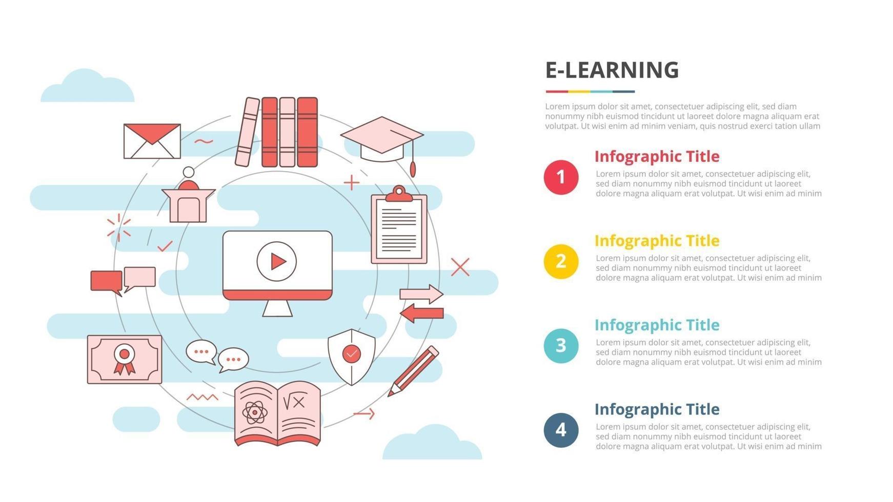 concepto de aprendizaje electrónico para banner de plantilla de infografía con información de lista de cuatro puntos vector