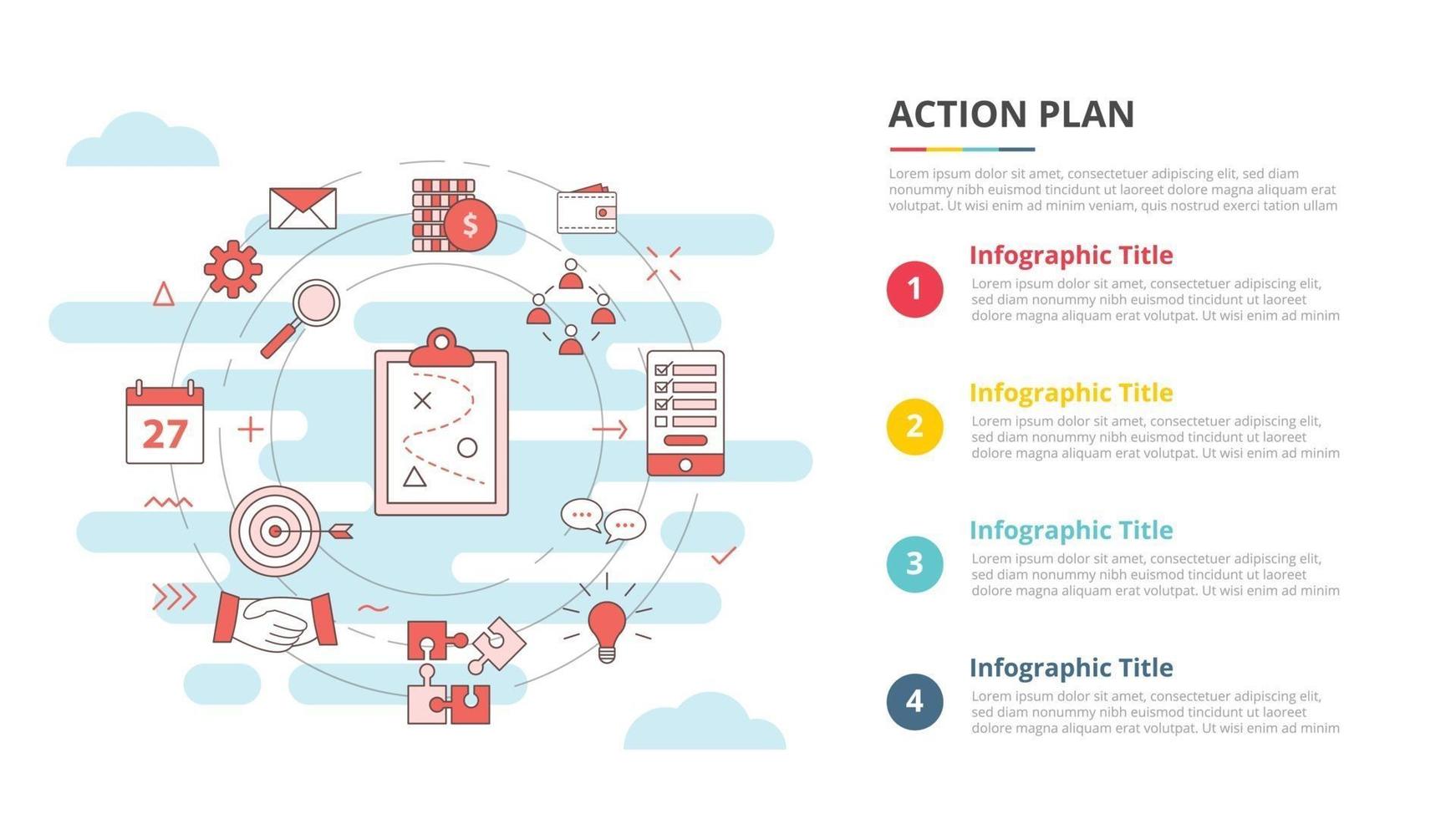 concepto de plan de acción empresarial para banner de plantilla infográfica con información de lista de cuatro puntos vector