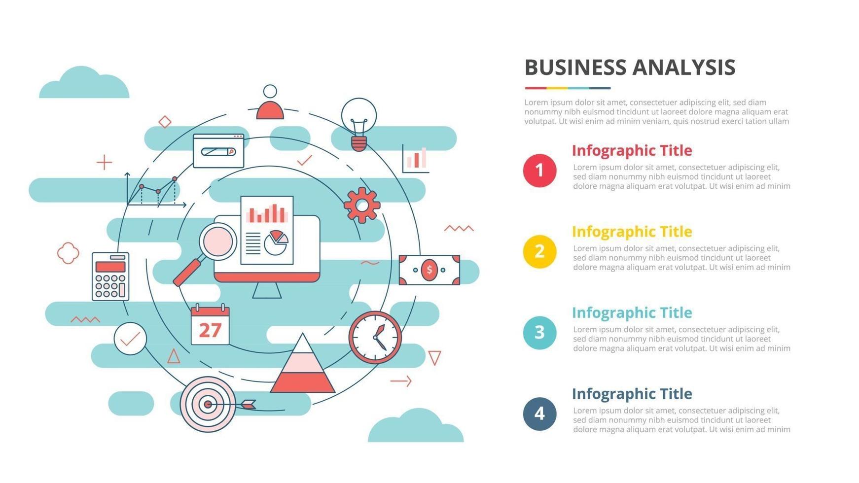 concepto de análisis empresarial para banner de plantilla infográfica con información de lista de cuatro puntos vector