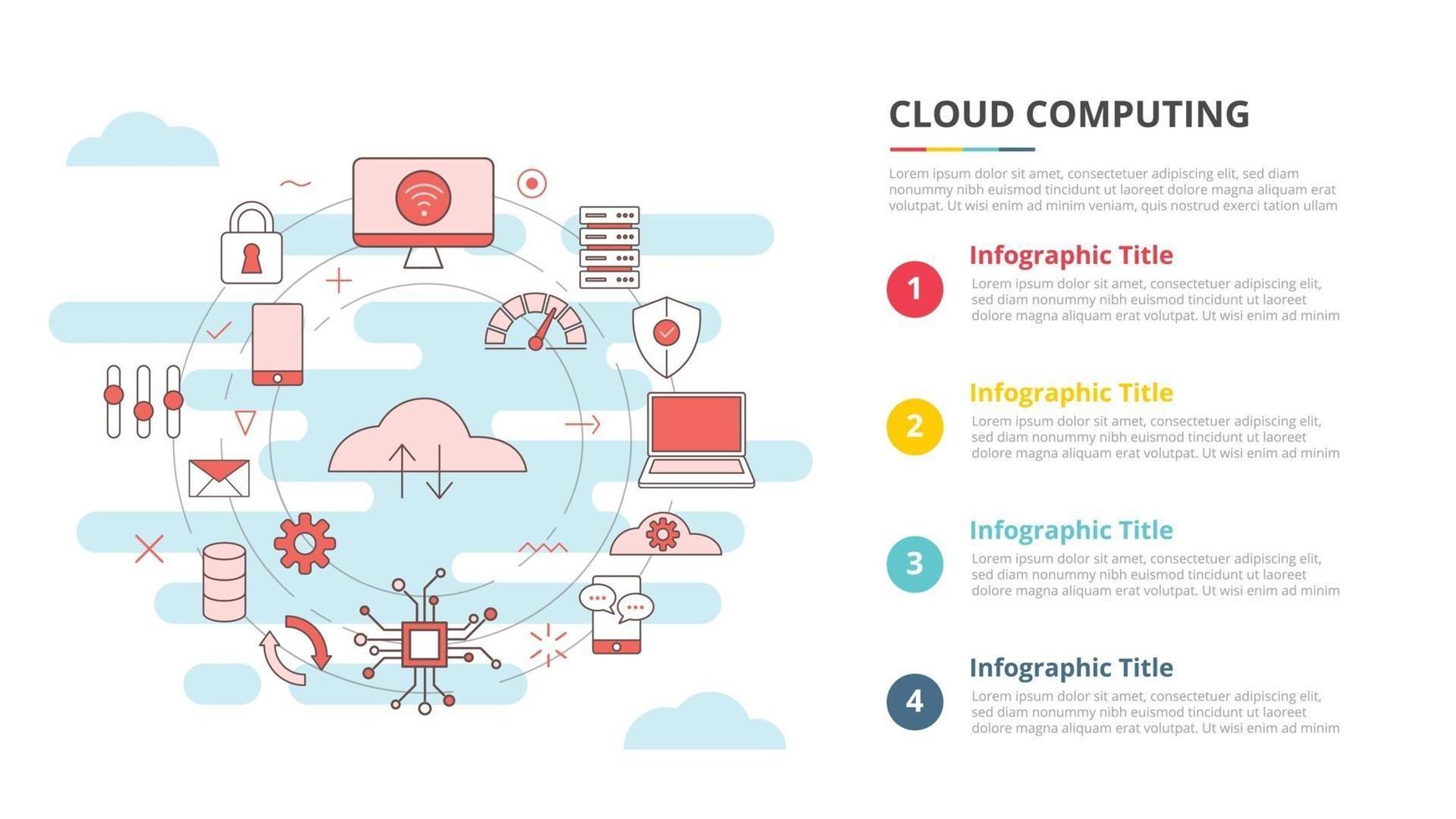 concepto de computación en la nube para banner de plantilla de infografía con información de lista de cuatro puntos vector