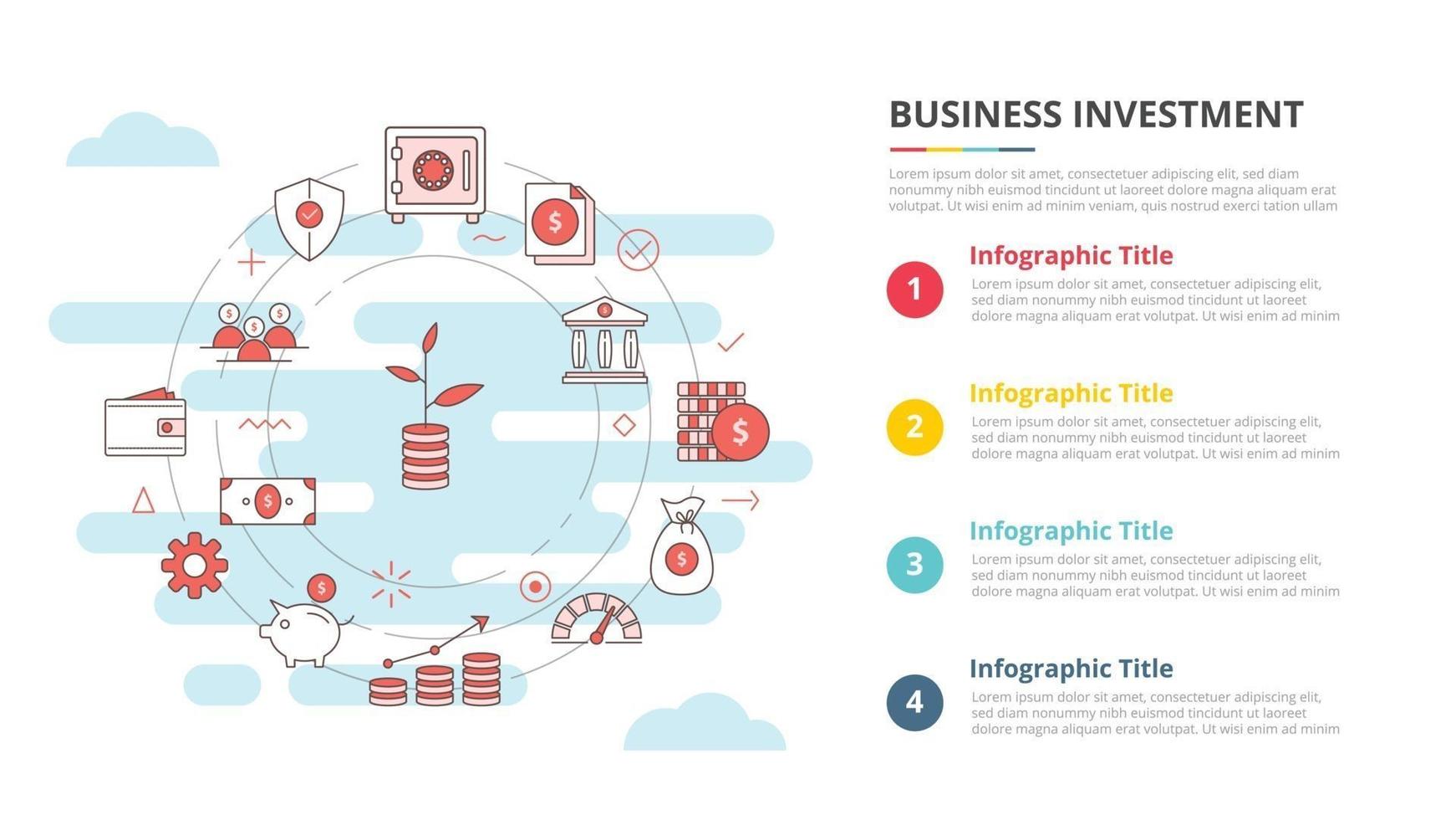 concepto de inversión empresarial para banner de plantilla infográfica con información de lista de cuatro puntos vector