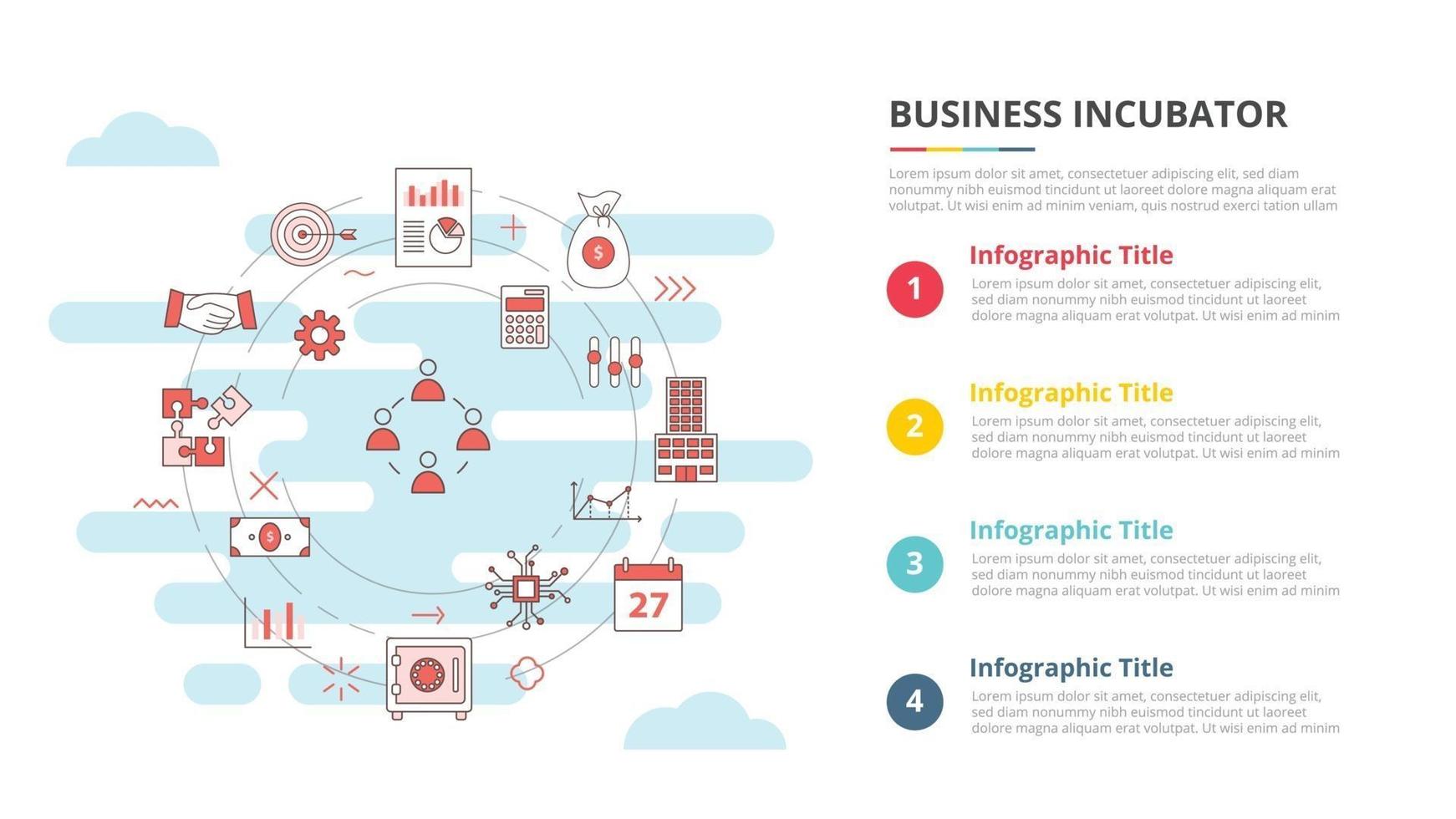 concepto de incubadora de negocios para banner de plantilla infográfica con información de lista de cuatro puntos vector