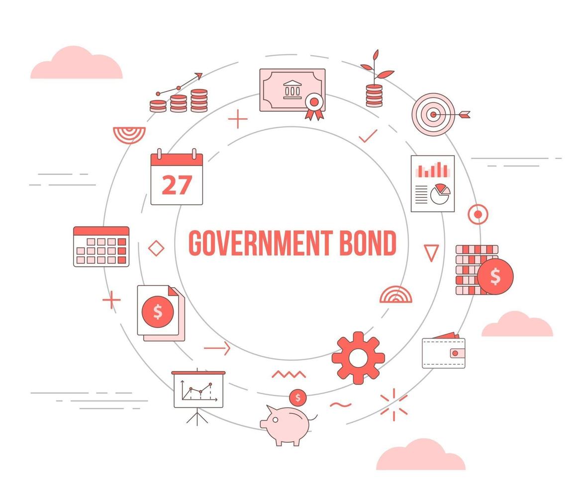 concepto de bonos del gobierno con banner de plantilla de conjunto de iconos con estilo moderno de color naranja y forma circular circular vector