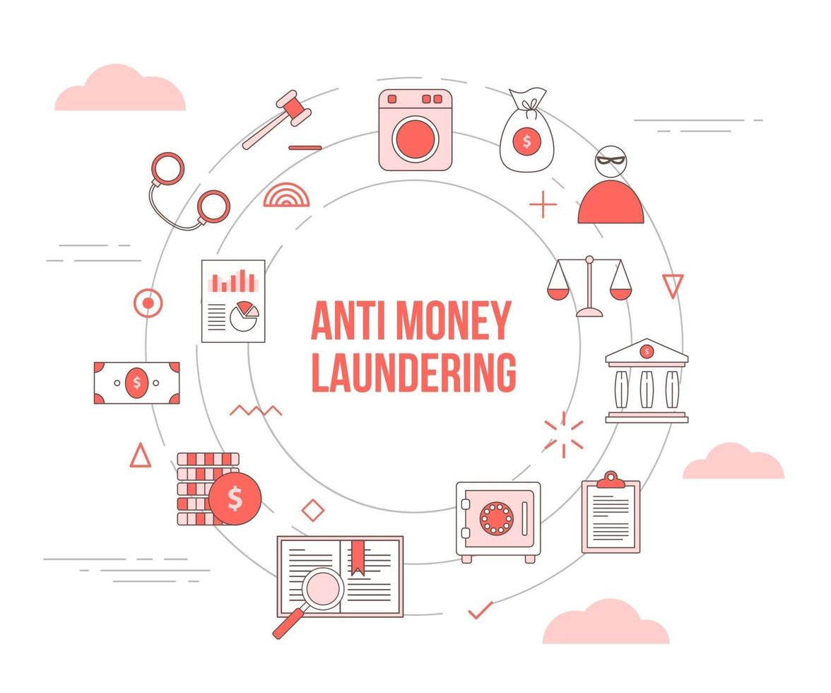 concepto antilavado de dinero aml con banner de plantilla de conjunto de iconos con estilo moderno de color naranja y forma circular circular vector