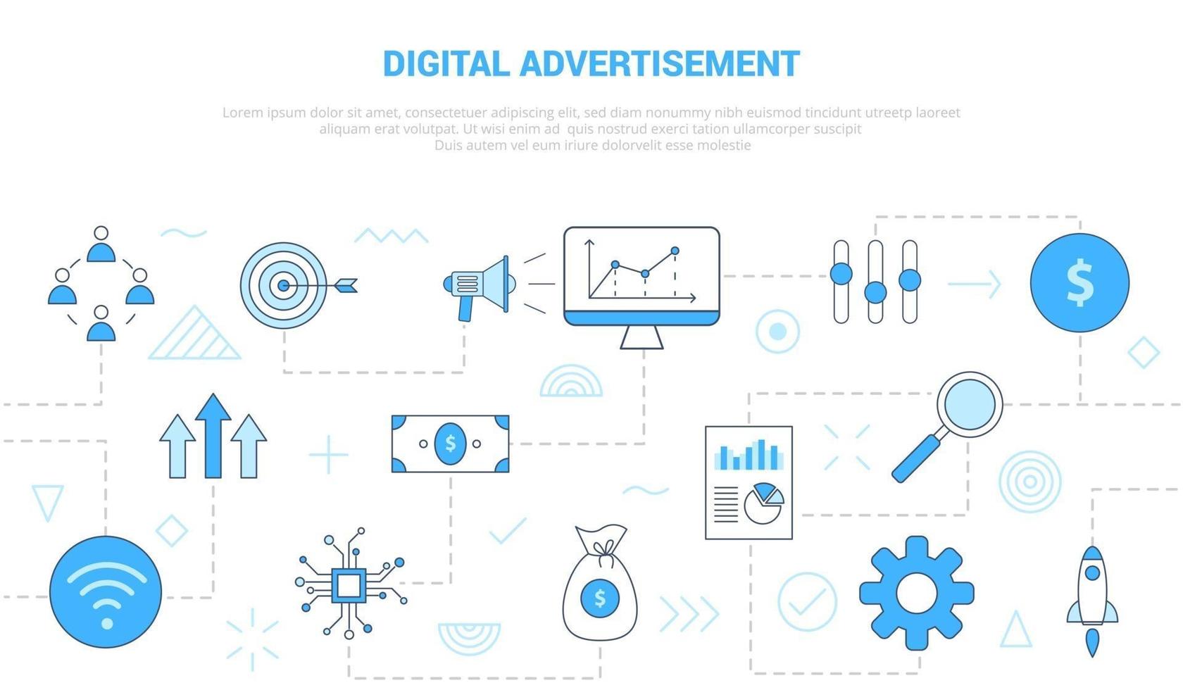 concepto de publicidad digital con banner de plantilla de conjunto de iconos con estilo de color azul moderno vector